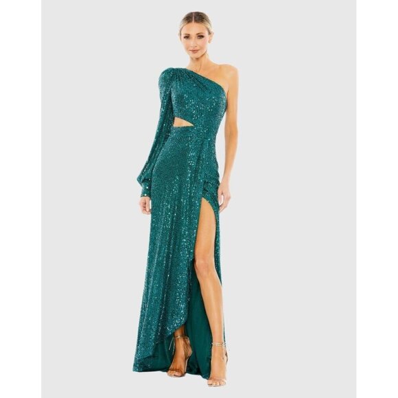MAC DUGGAL Size 10 26730 Teal Green SEQUINED ONE SHOULDER CUT OUT GOWN Dress New - Picture 1 of 13
